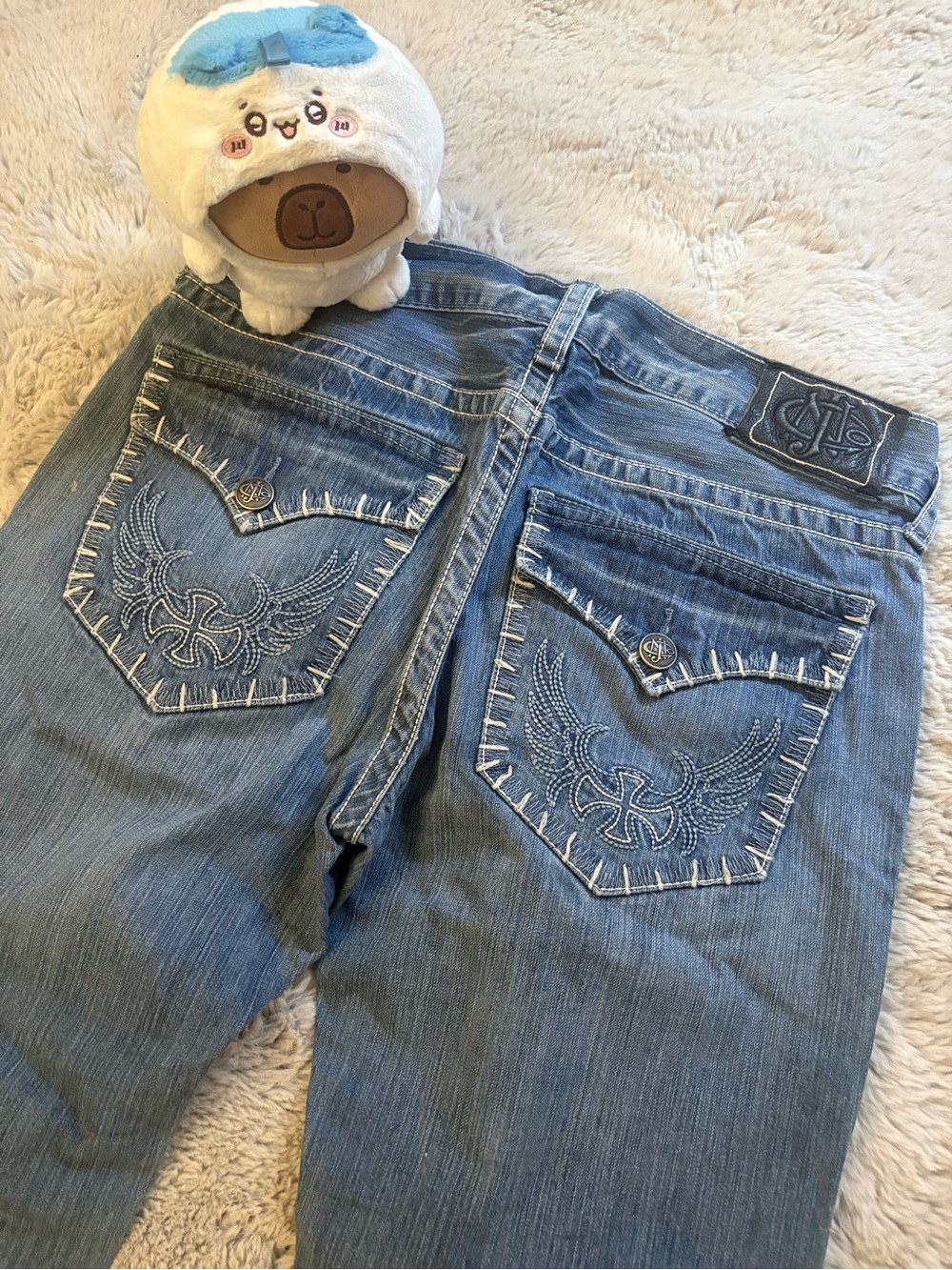 CNJ Jeans Y2K Mens Straight Embroidered Wing Flap Pocket Blue Denim